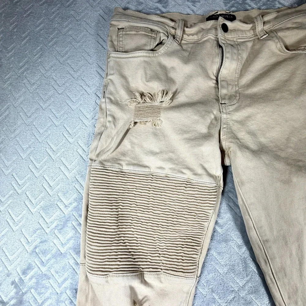 Saint Morta Men's Index Distressed Biker Jeans Sz 36x31 Moto Ripped Beige Khaki
